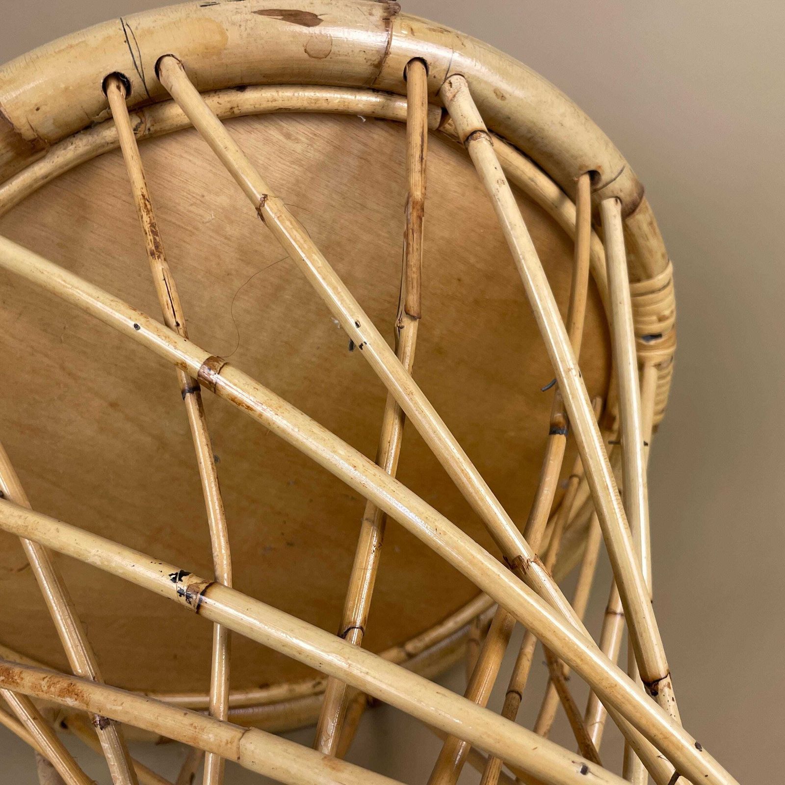 photo for sale Vintage Bamboo Coffee Table Round Twisted Base Circle Woven Rattan Top Retro Rustic Living Room Lounge 20th Century Decorative Bohemian