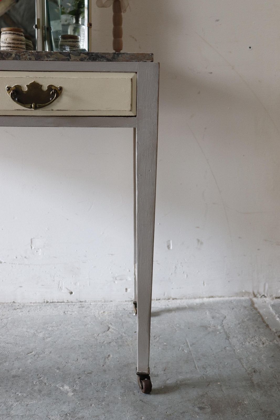 Elegant Painted Vintage Washstand Or Dressing Table On Castors With Pink And Grey Marble Top photo Furniture