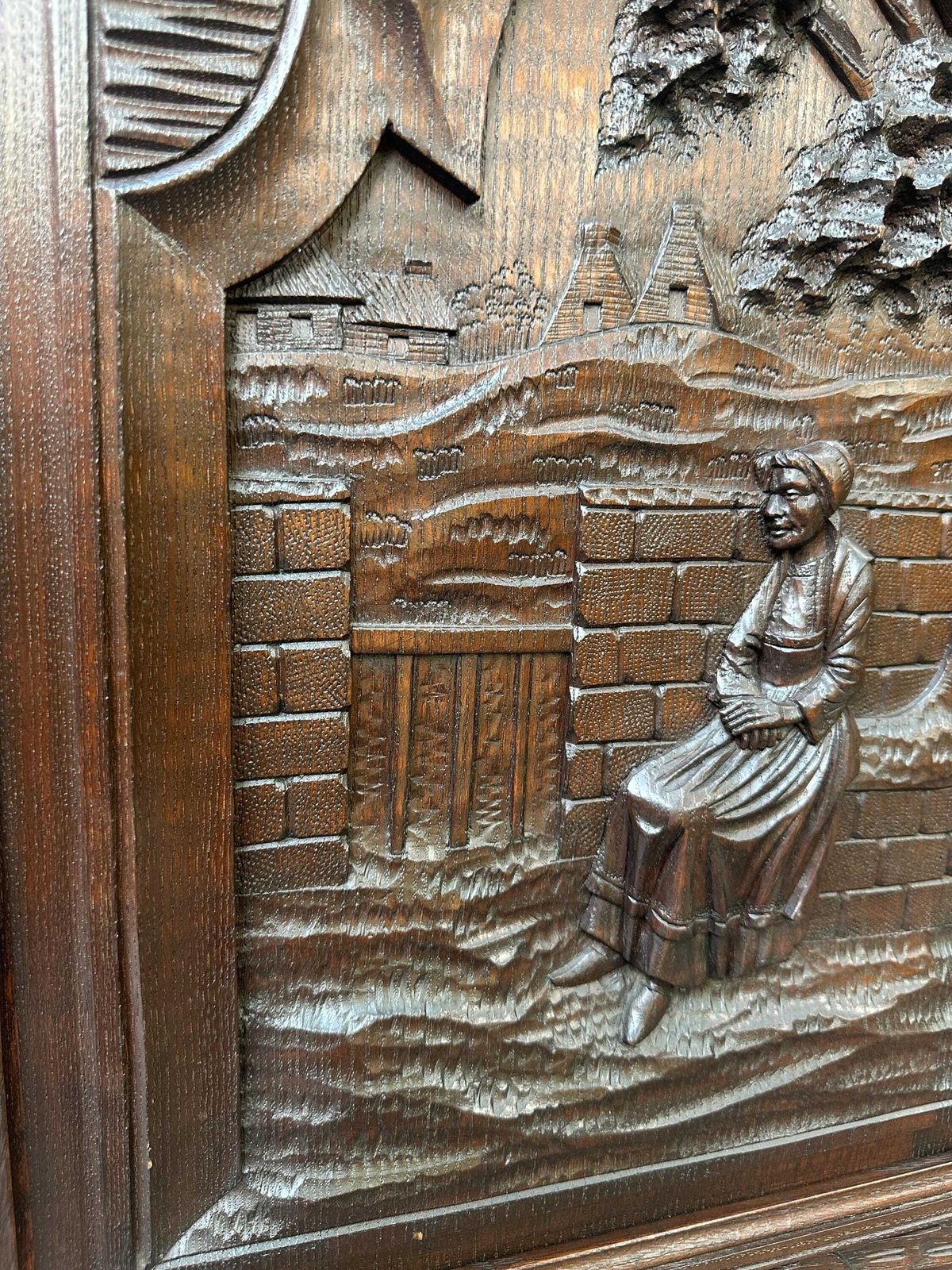 French Large Breton Carved Oak Door, Seated Woman Scene, Late 19thc / Early 20thc, Lower Cabinet Antique Panel photo 470.0