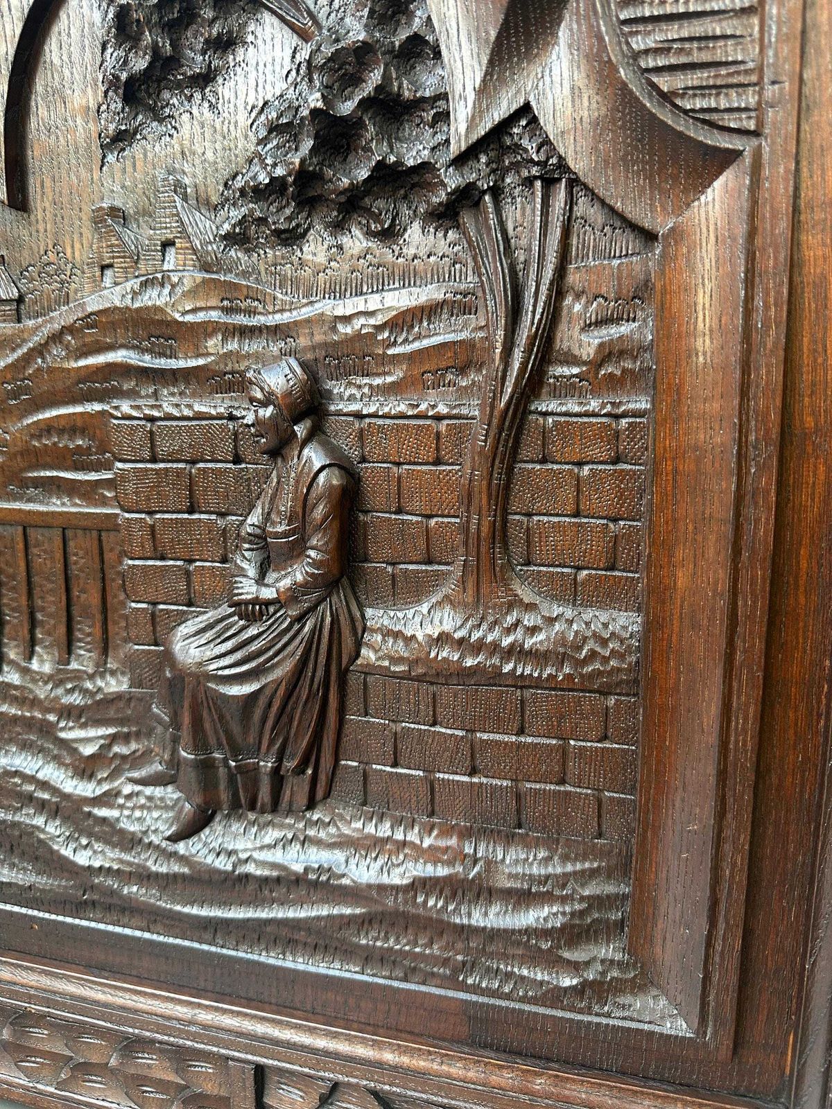 French Large Breton Carved Oak Door, Seated Woman Scene, Late 19thc / Early 20thc, Lower Cabinet Antique Panel photo vinterior
