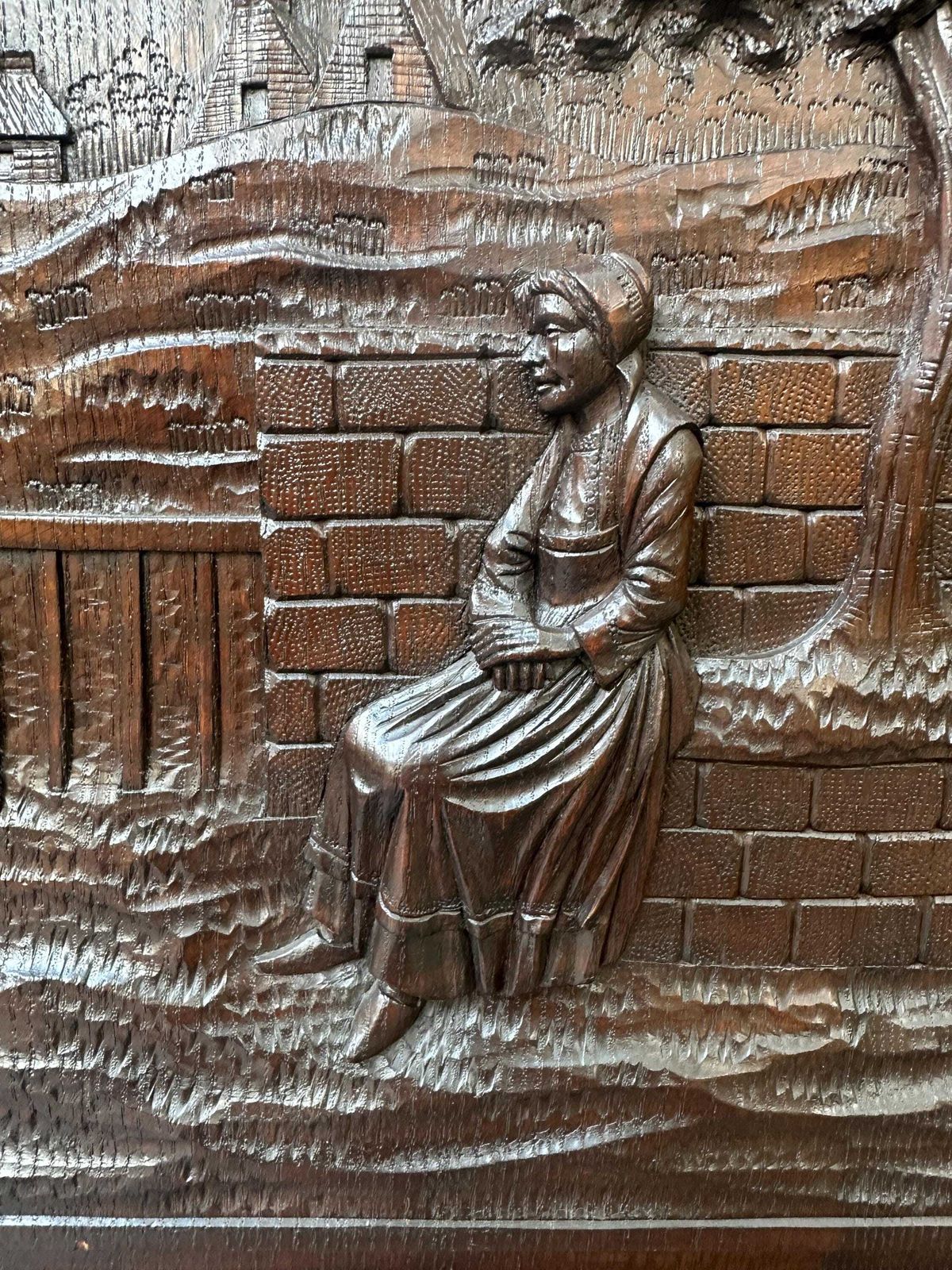 French Large Breton Carved Oak Door, Seated Woman Scene, Late 19thc / Early 20thc, Lower Cabinet Antique Panel photo buy
