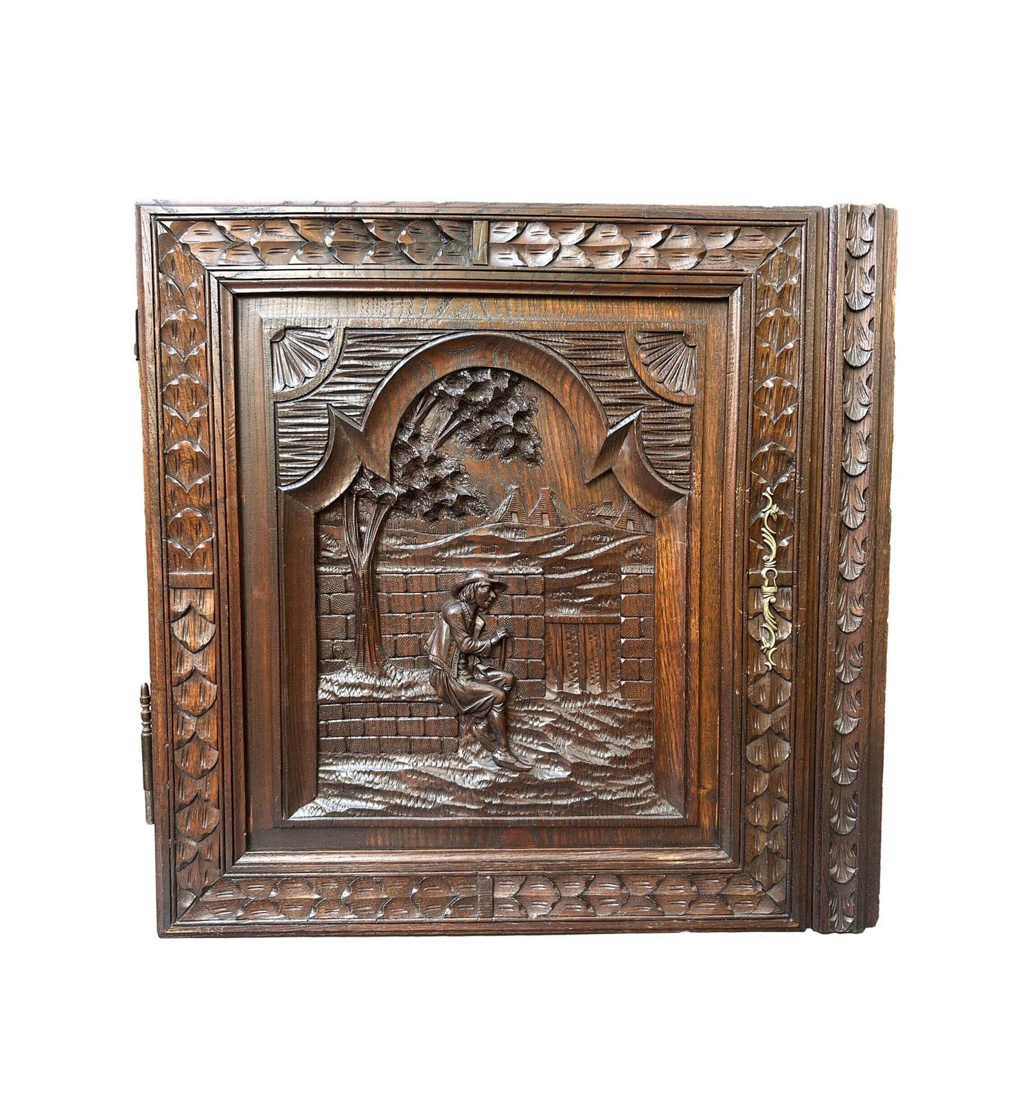 French Large Breton Carved Oak Door, Man With Cane, Late 19thc / Early 20thc, Lower Cabinet Antique Panel