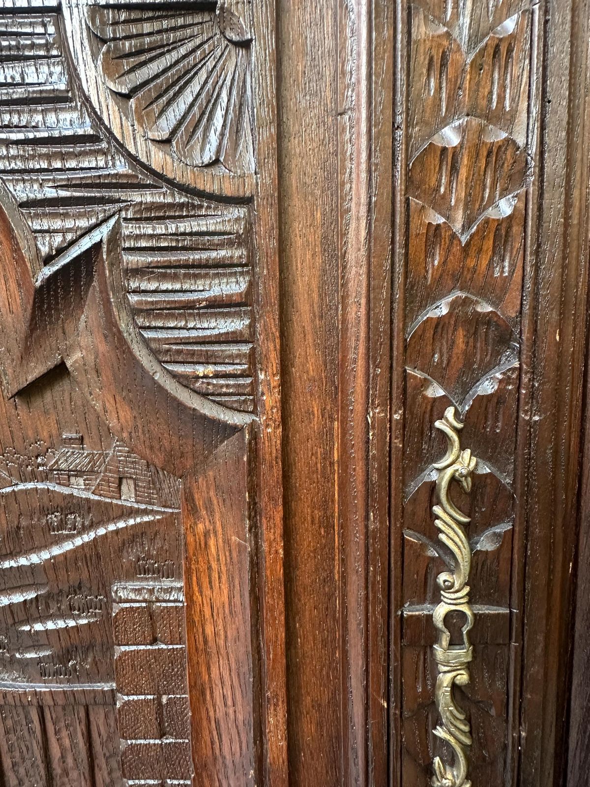 French Large Breton Carved Oak Door, Man With Cane, Late 19thc / Early 20thc, Lower Cabinet Antique Panel photo vinterior