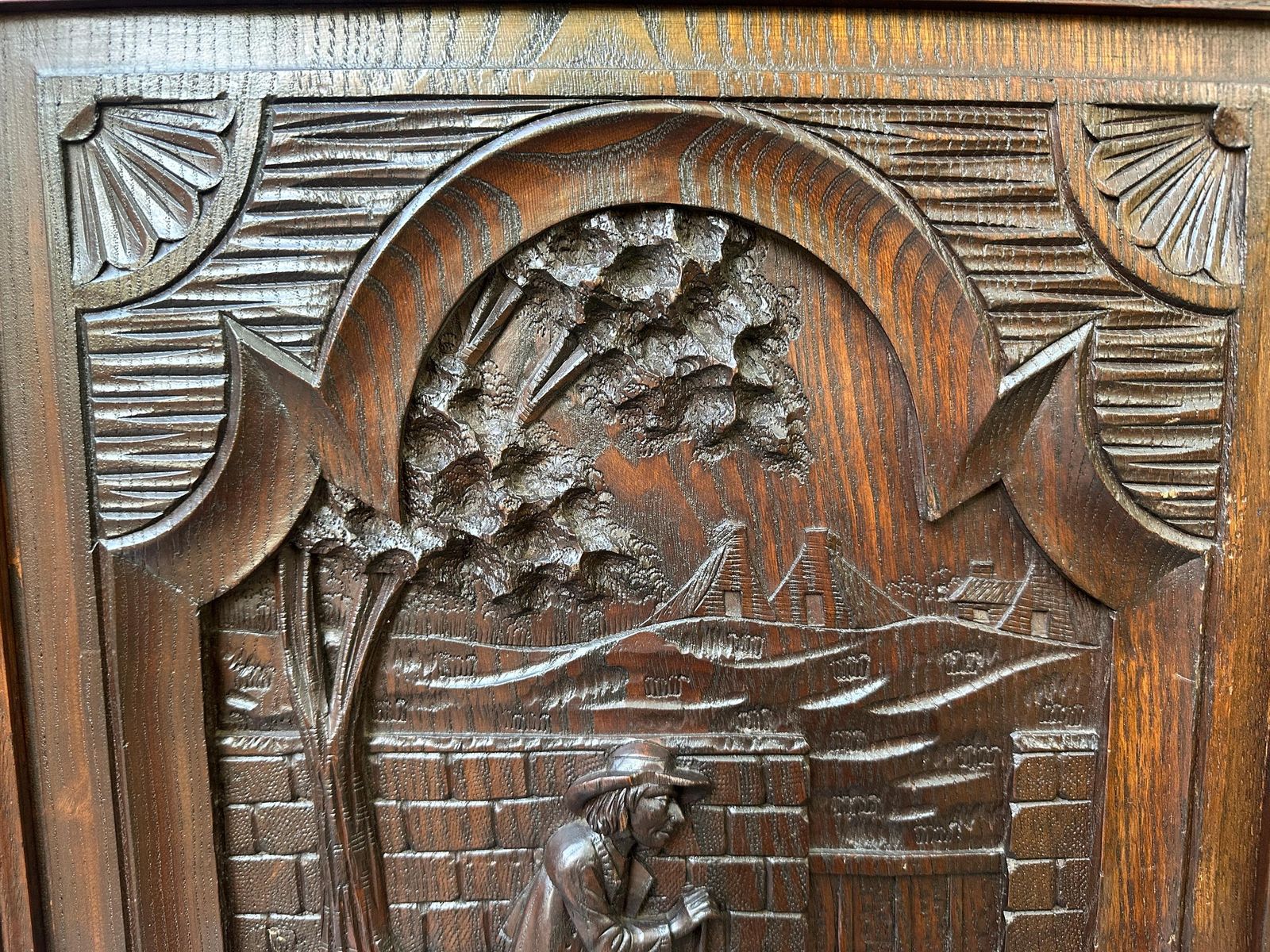 French Large Breton Carved Oak Door, Man With Cane, Late 19thc / Early 20thc, Lower Cabinet Antique Panel photo vintage