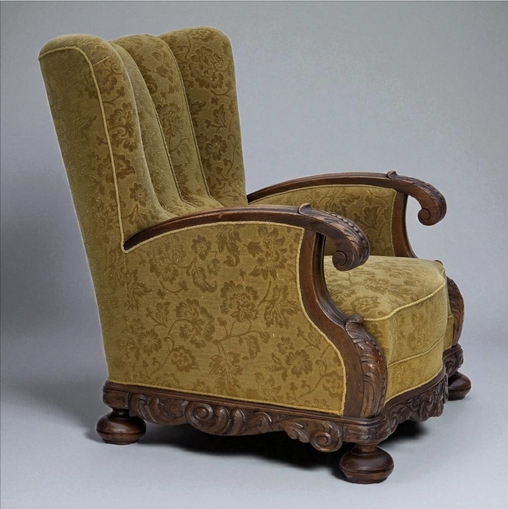 1960s, Danish Highback Armchair, Furniture Wool, Solid Oak Wood.