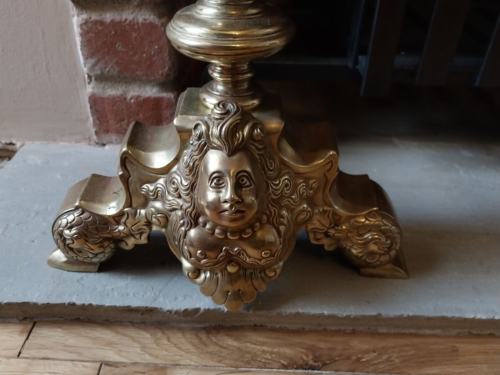 Home Fixtures Victorian French Cast And Wrought Iron Fire Basket With Marmoset Baroque Fire Dogs. photo