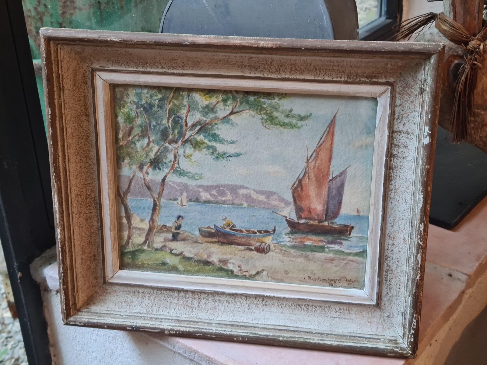 photo for sale Day At The Beach, Mid Century French Watercolour, 1950s By Madelaine Geoffroy