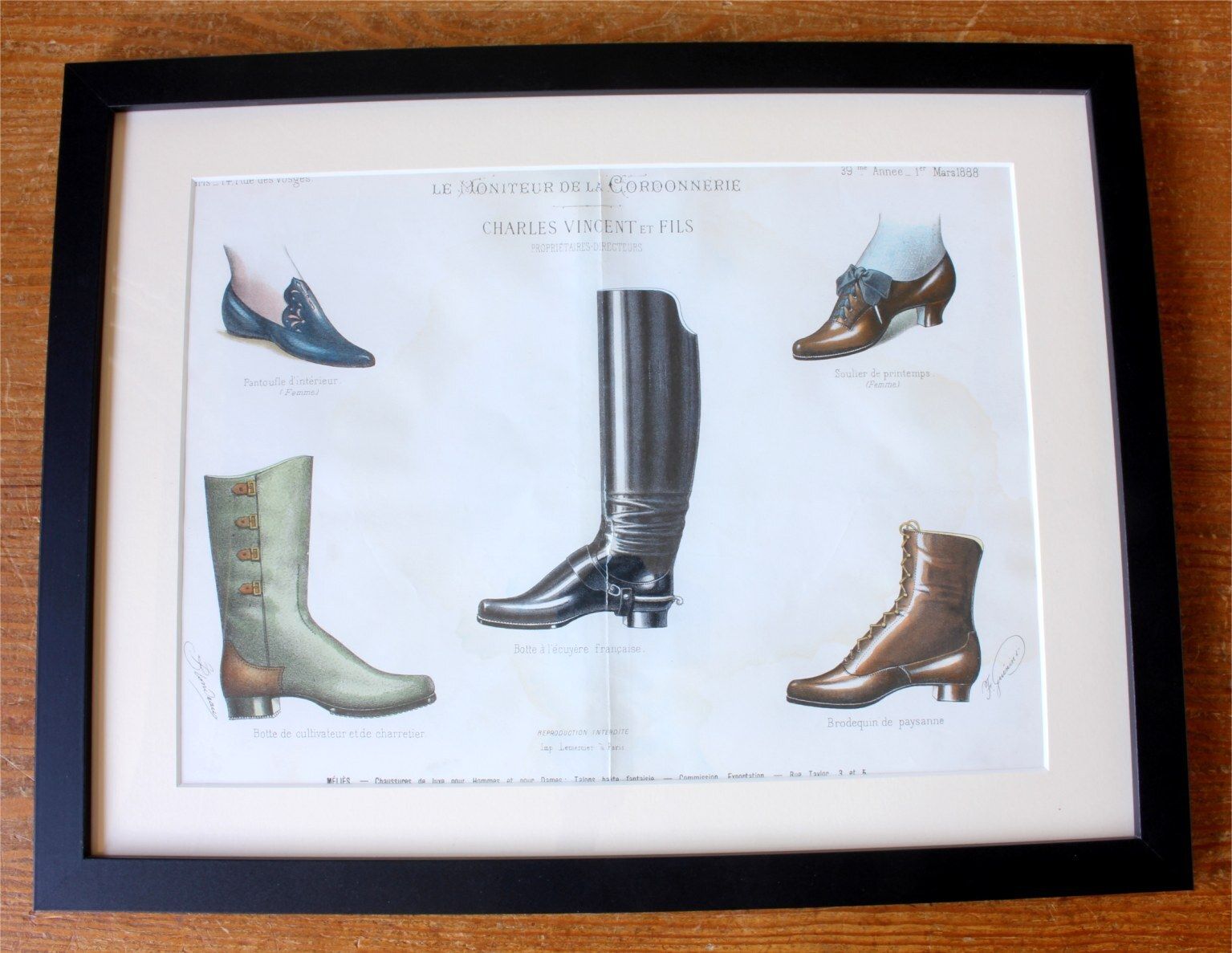 Antique French Footwear Lithographs. Paris France Shoe Shop Prints. photo 750.0