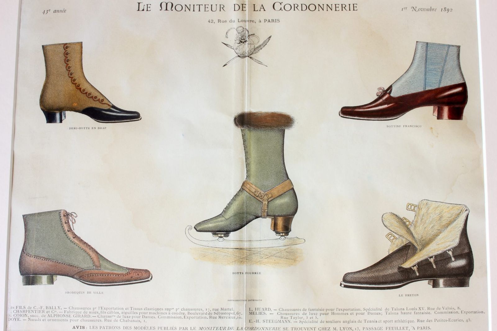 photo vinterior Antique French Footwear Lithographs. Paris France Shoe Shop Prints.