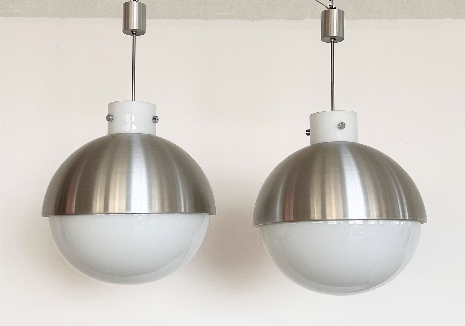 Pair Glashütte Limburg Giant Aluminium And White Glass Globe Chandelier, 1970s