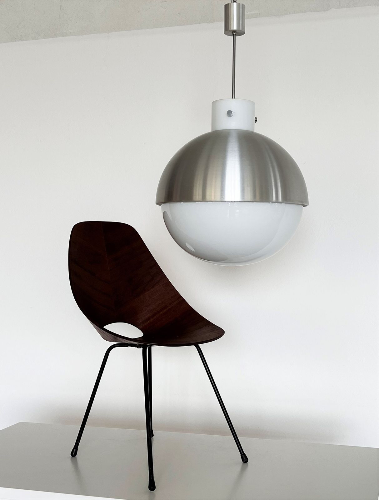 Pair Glashütte Limburg Giant Aluminium And White Glass Globe Chandelier, 1970s photo furniture