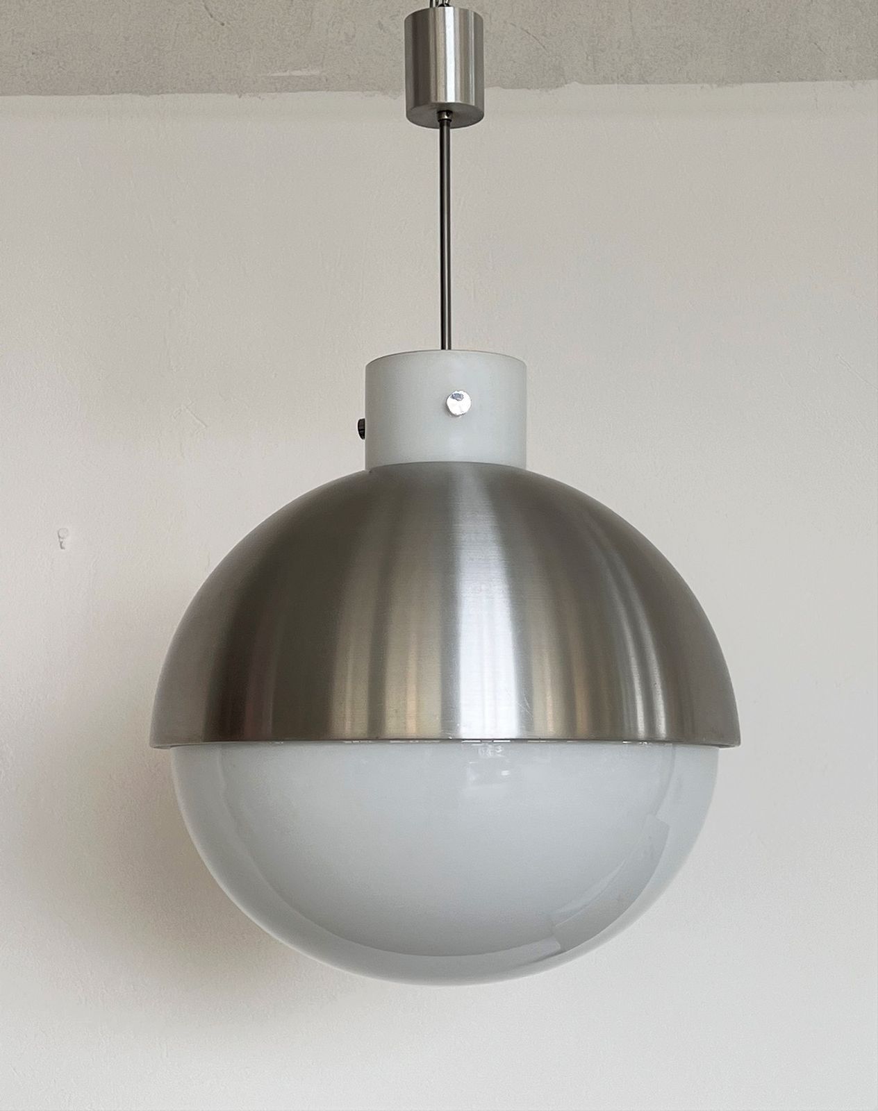photo furniture Pair Glashütte Limburg Giant Aluminium And White Glass Globe Chandelier, 1970s