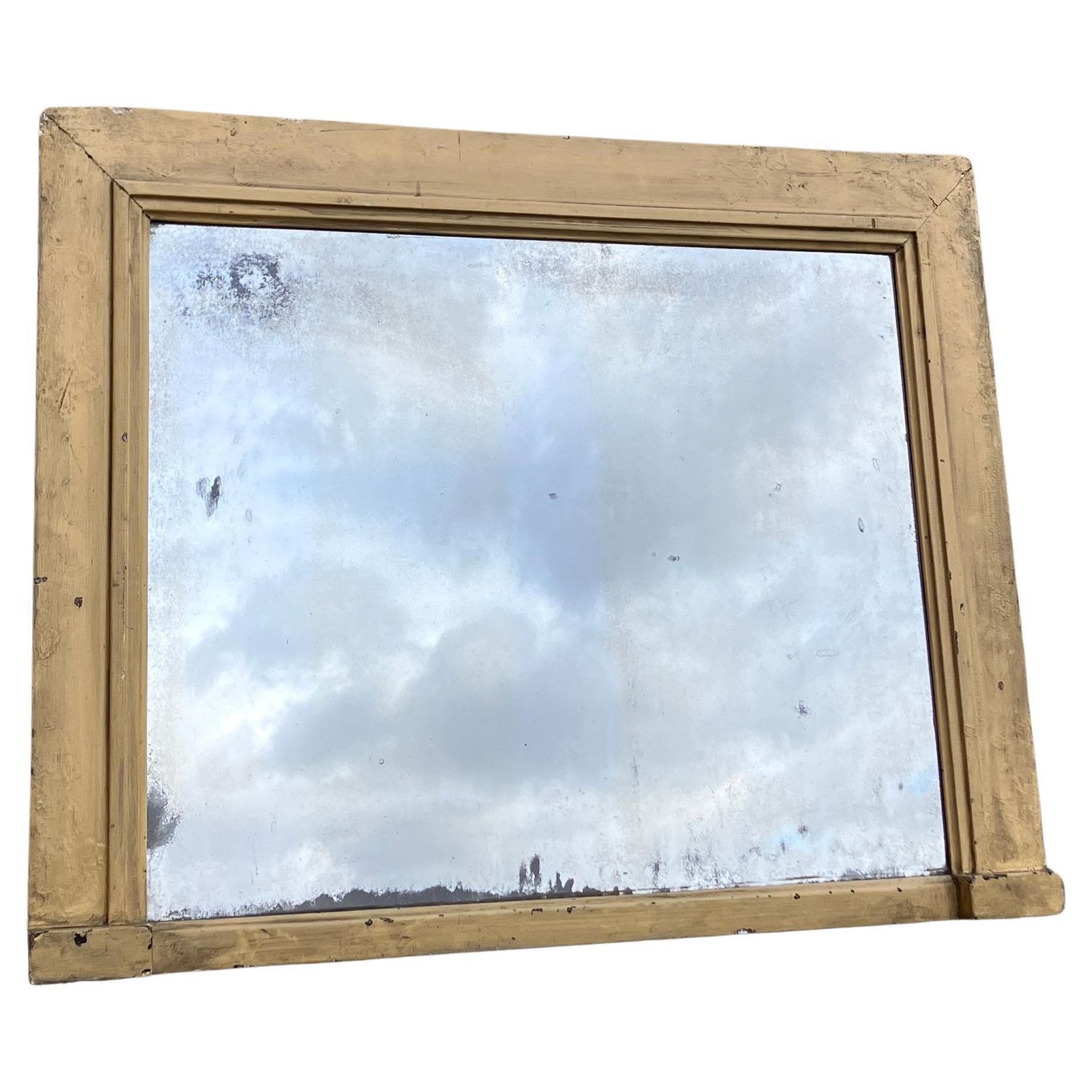 Large Antique English Mantel Mirror In Light Yellow Art Deco
