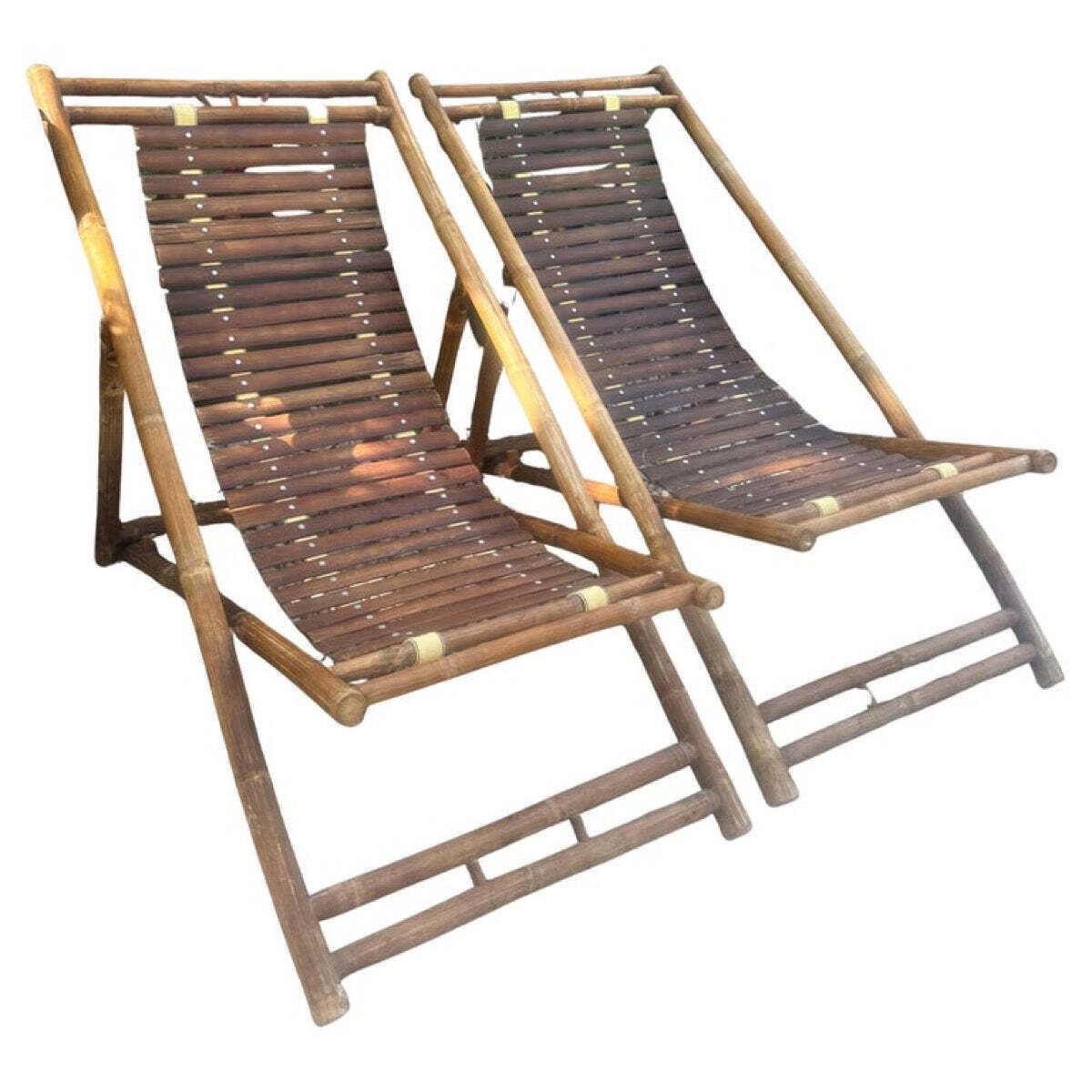 Pair Of 1980s Rustic Italian Bamboo Slatted Deck Chairs Or Sun Loungers