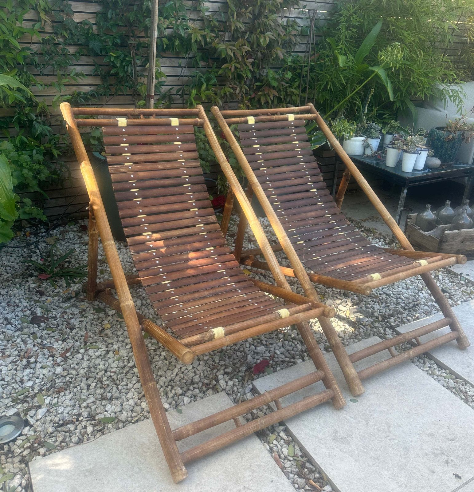 Pair Of 1980s Rustic Italian Bamboo Slatted Deck Chairs Or Sun Loungers photo furniture