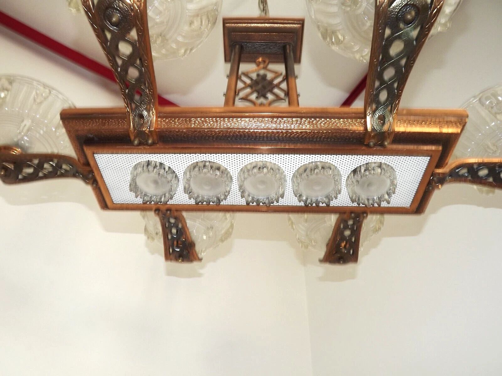 Lustre Art déco français 6 bras, 10 lumières, de style Petitot Ezan, finition cuivrée photo 1495.0