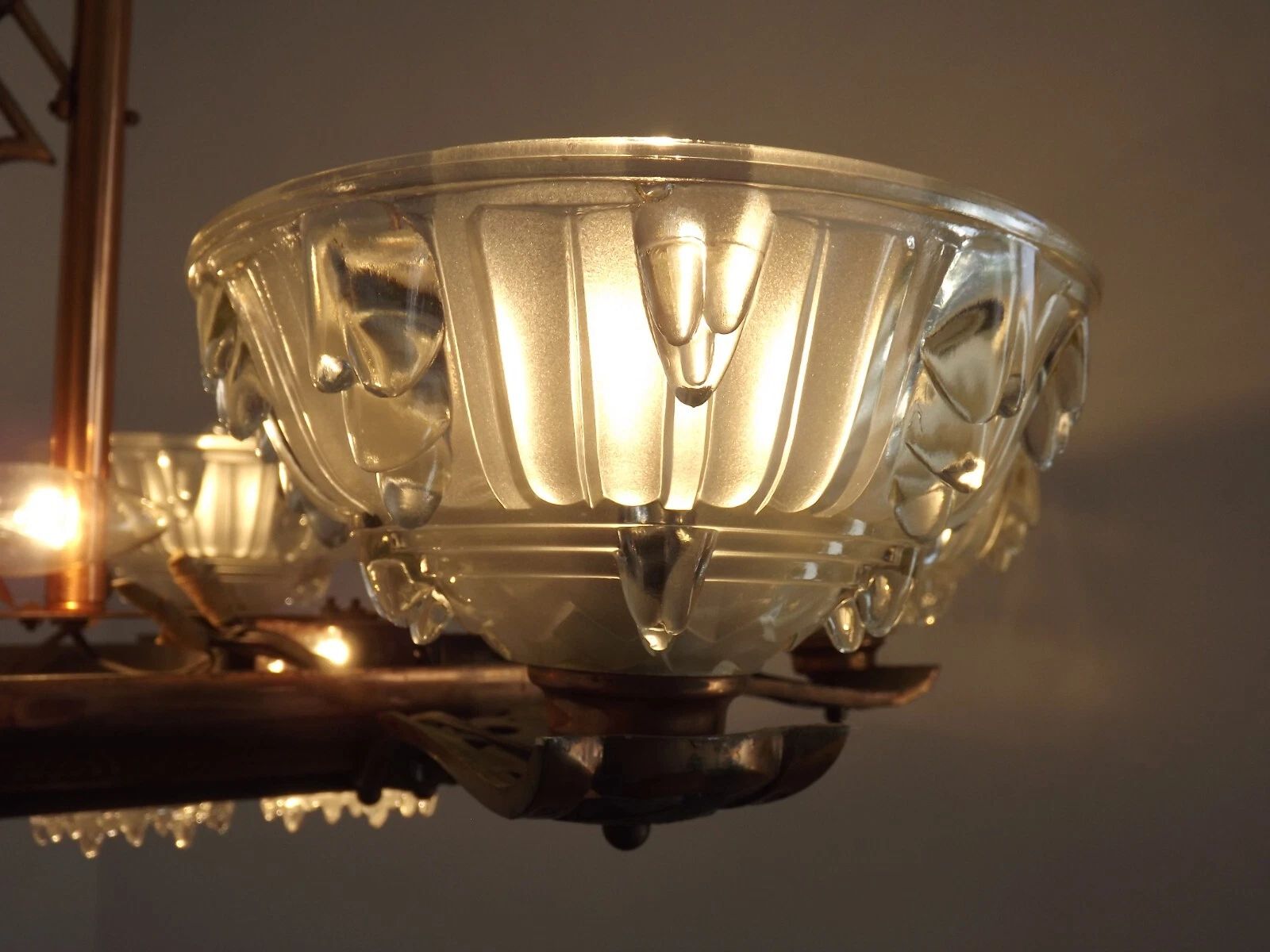 photo for sale French Art Deco 6 Arm, 10 Light Chandelier In Petitot Ezan Style, Copper Tone Finish