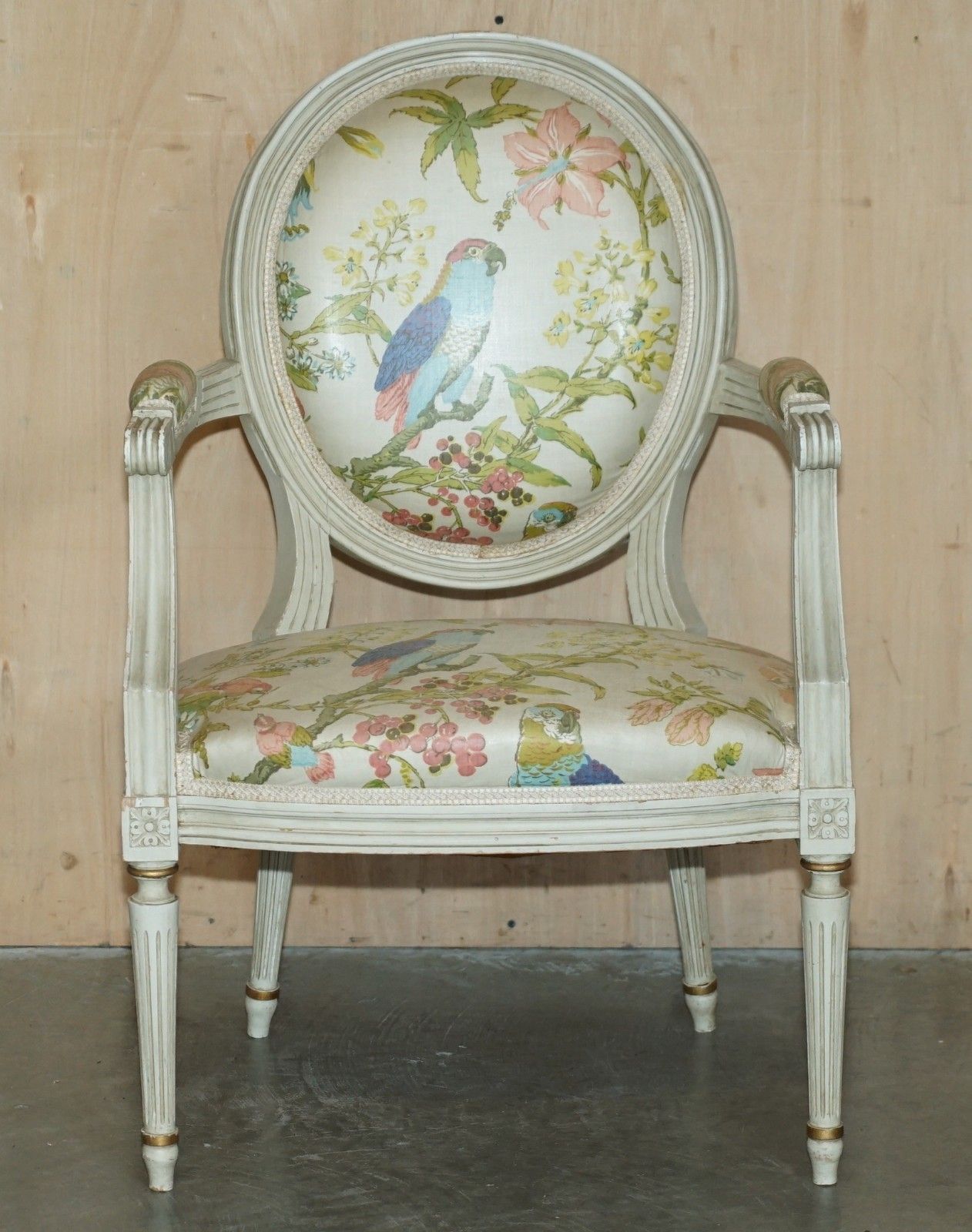 Pair Of Vintage French Louis XVIII Style Fauteuils Armchairs Parrot Upholstery photo for sale