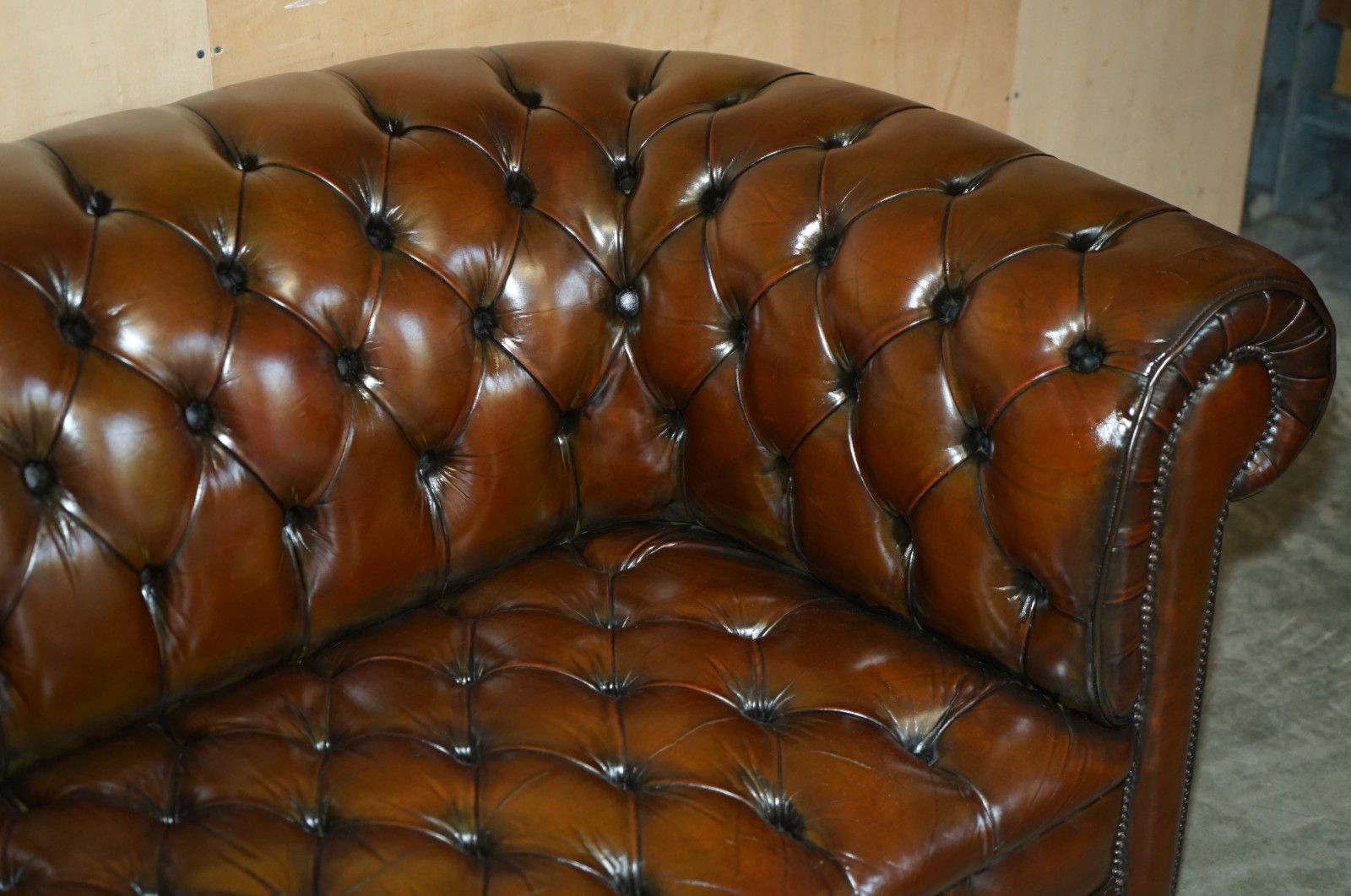 photo furniture Restored 165cm Wide Chesterfield Fully Tufted Two Seat Brown Leather Club Sofa