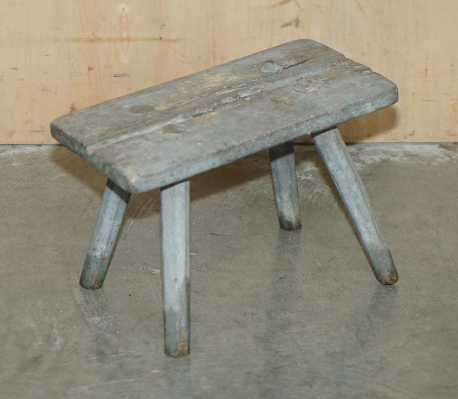Small Antique 1900 Original Paint Milking Dairy Stool With Four Hand Carved Legs photo furniture