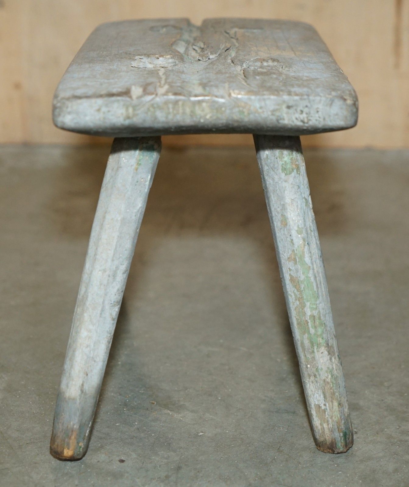 Small Antique 1900 Original Paint Milking Dairy Stool With Four Hand Carved Legs photo vintage