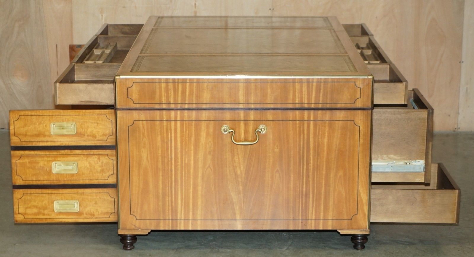 photo vintage Exquisite Extra Large Double Sided Military Campaign Twin Pedestal Partner Desk