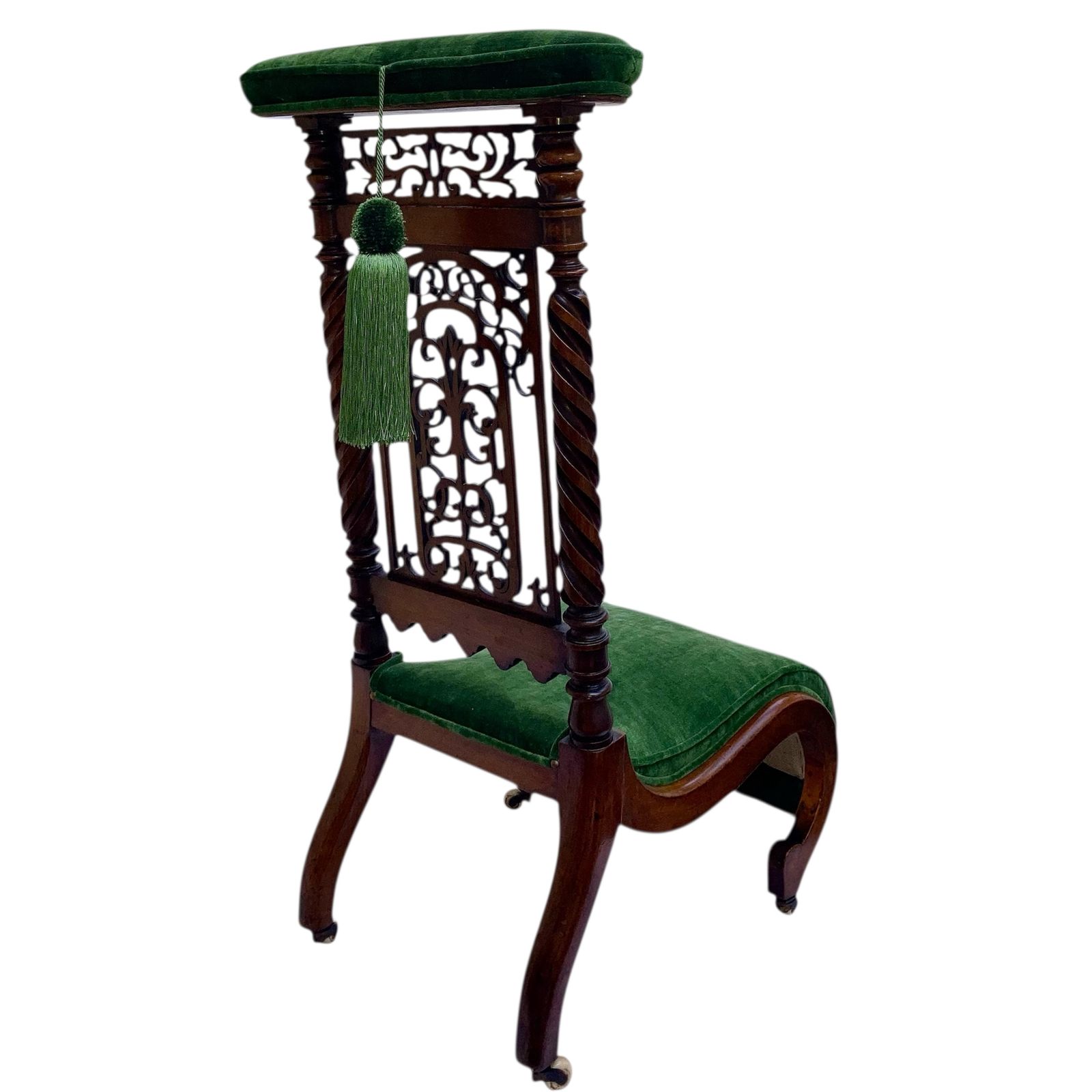 Victorian Walnut Prie Dieu Chair, Circa 1870, With Green Velvet Upholstery And Silk Green Tassels Fully Restored photo Furniture