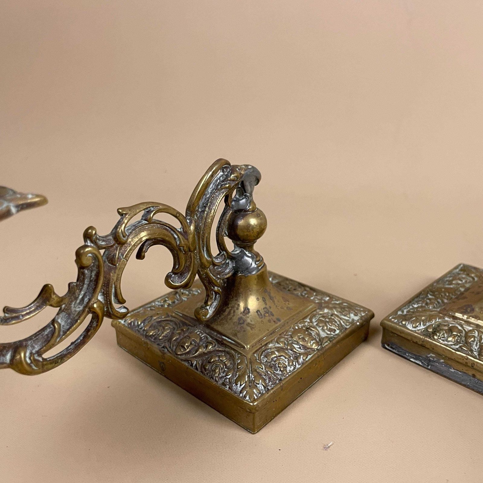 Antique Matching Pair Of Gold Brass Metal Candlestick Candle Stick Holders Vintage Pattern Taper Dinner Candlesticks Arms Ornate Set Holder photo 89.0
