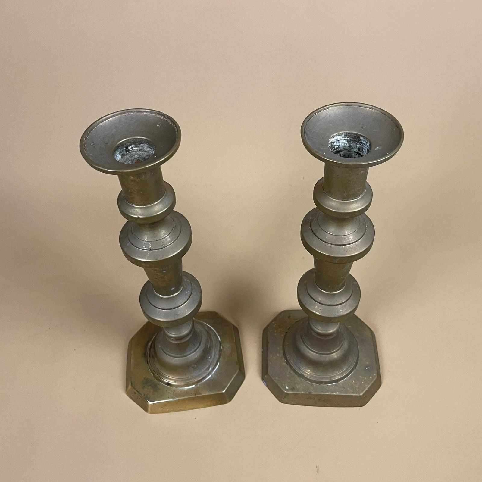Antique Matching Pair Of Gold Brass Metal Candlestick Candle Stick Holders Vintage Column Taper Dinner Candlesticks Column Pillar Set Holder photo 50.0