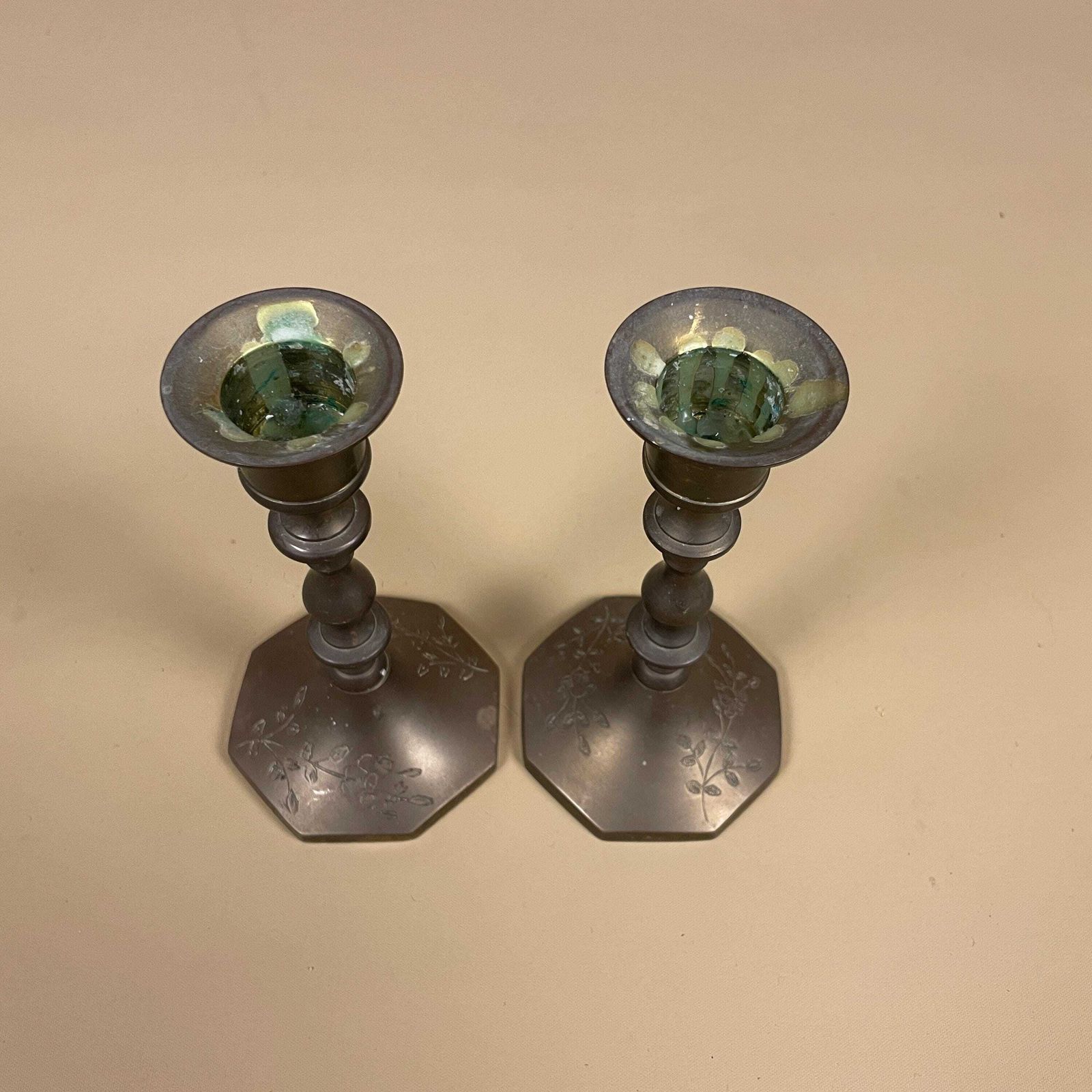 Antique Matching Pair Of Gold Brass Metal Candlestick Candle Stick Holders Holder Vintage Hexagon Taper Dinner Candlesticks Column Engraved photo Home Decor