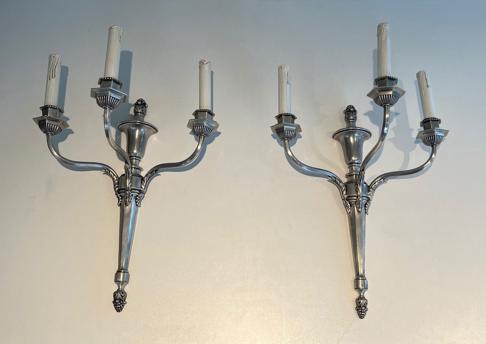 Pair Of Large Louis XVI Style Wall Lights In Silver Metal With 3 Light Arms