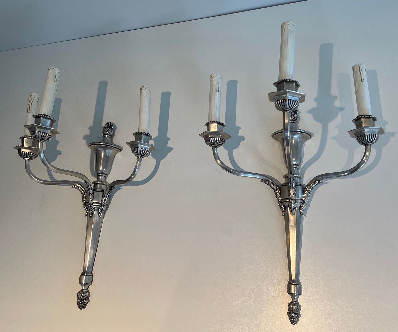 Pair Of Large Louis XVI Style Wall Lights In Silver Metal With 3 Light Arms photo furniture