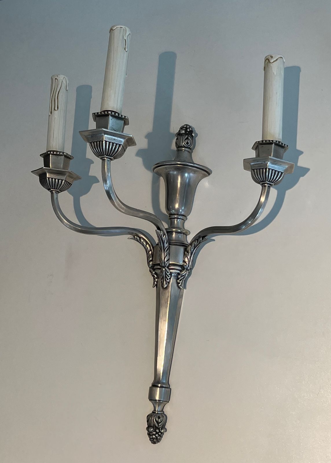Pair Of Large Louis XVI Style Wall Lights In Silver Metal With 3 Light Arms photo for sale
