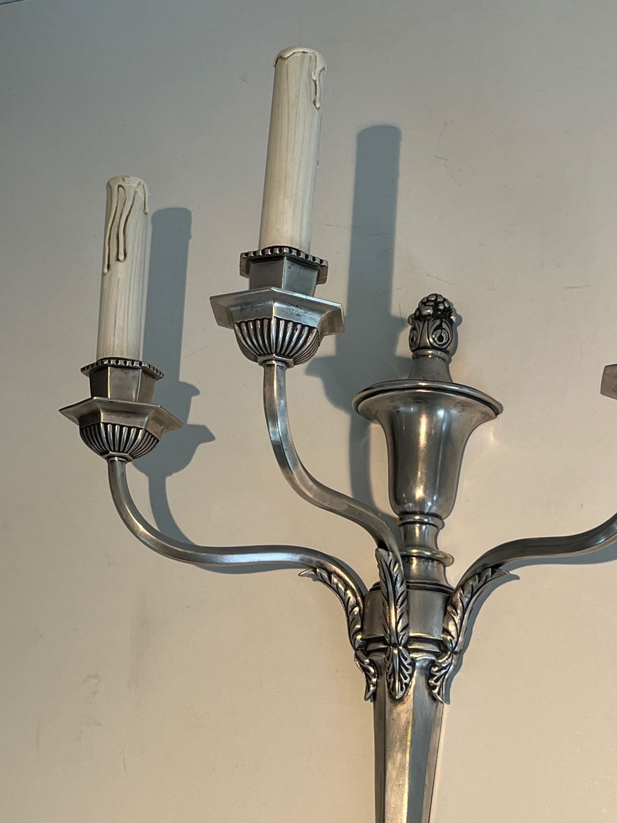 Pair Of Large Louis XVI Style Wall Lights In Silver Metal With 3 Light Arms photo 1650.0