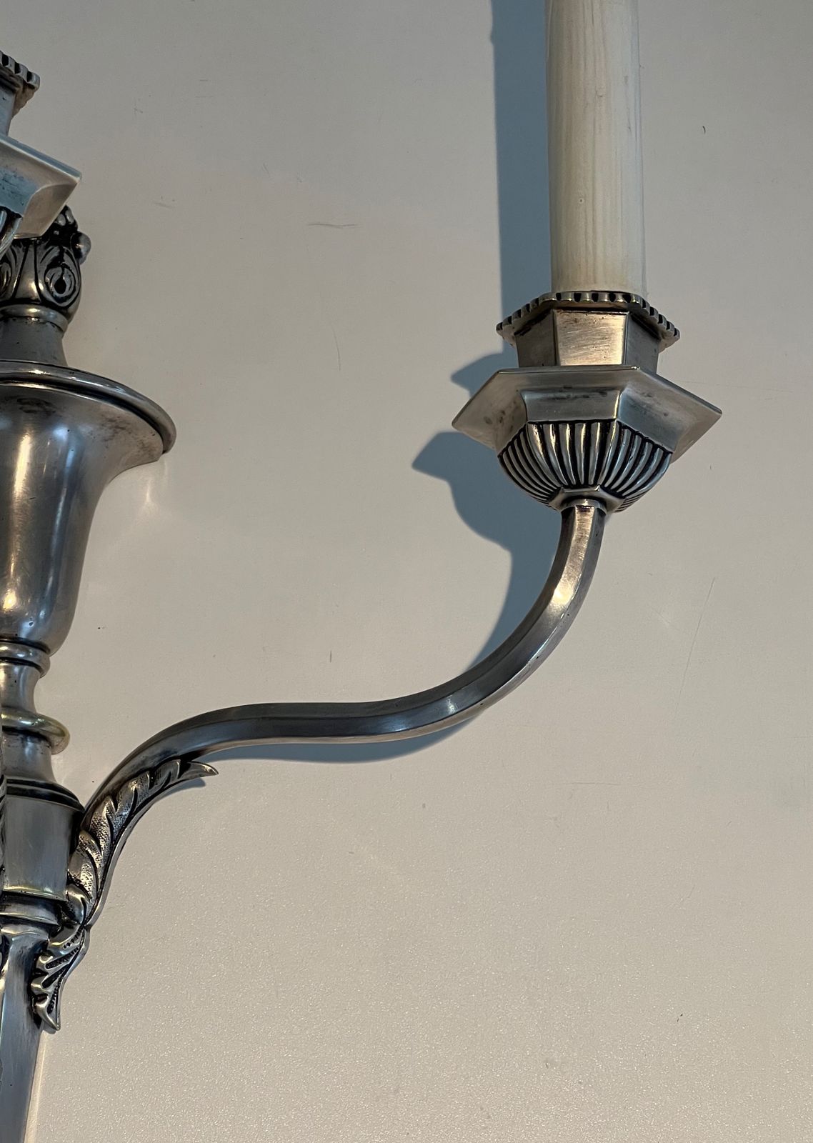 Pair Of Large Louis XVI Style Wall Lights In Silver Metal With 3 Light Arms photo vintage