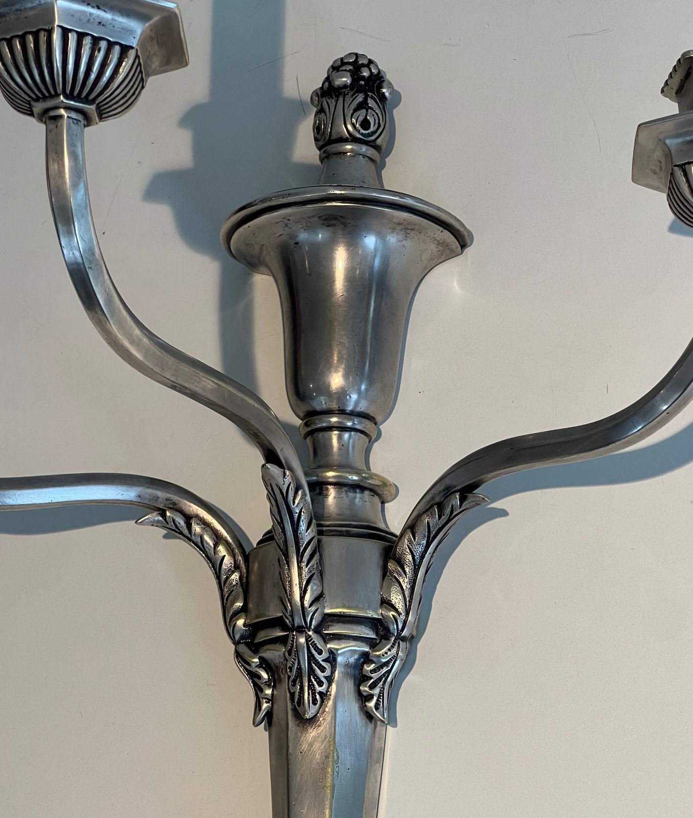 photo buy Pair Of Large Louis XVI Style Wall Lights In Silver Metal With 3 Light Arms