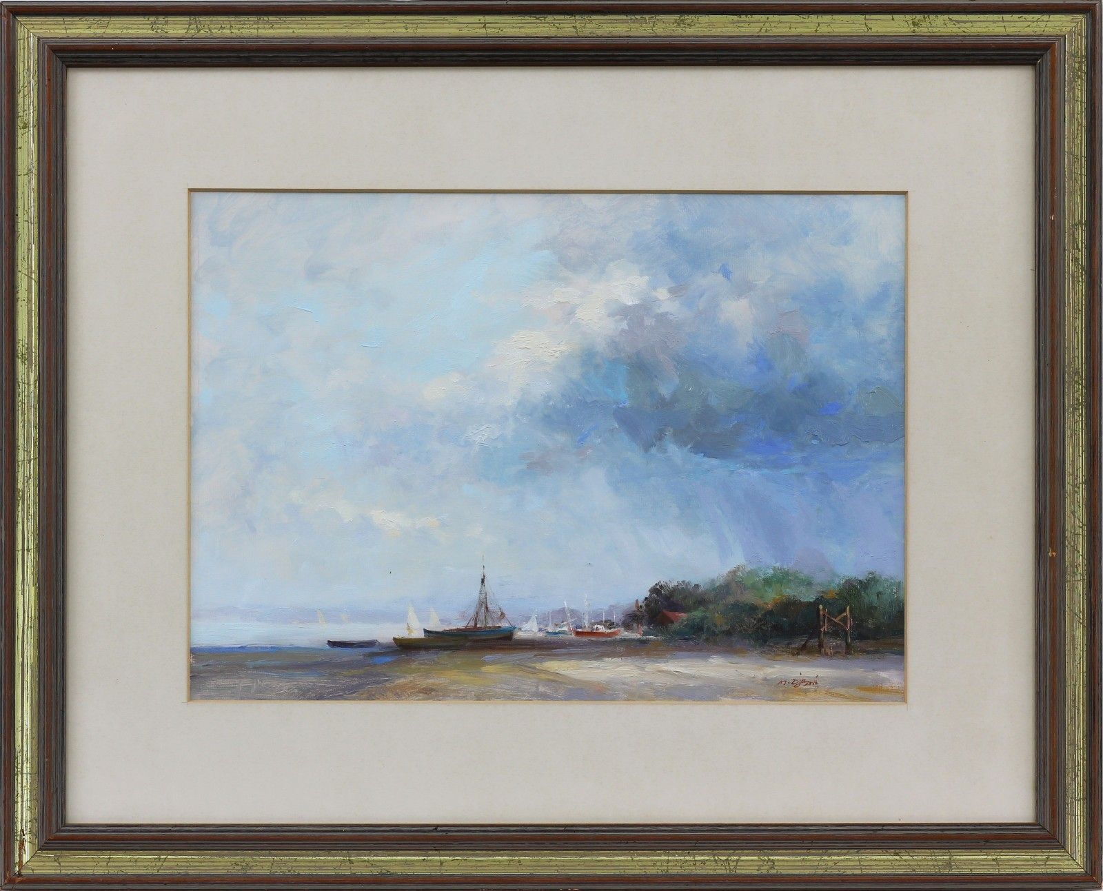 Oil On Board Behind Glass By Mohammed Djazmi. Beached Fishing Boats. photo Art