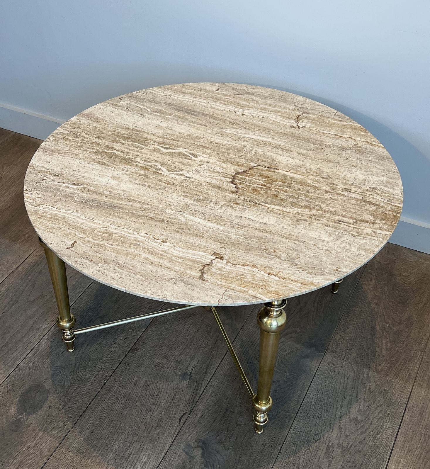 Furniture Brass Coffee Table With White Marble Top In The Style Of Maison Ramsay photo