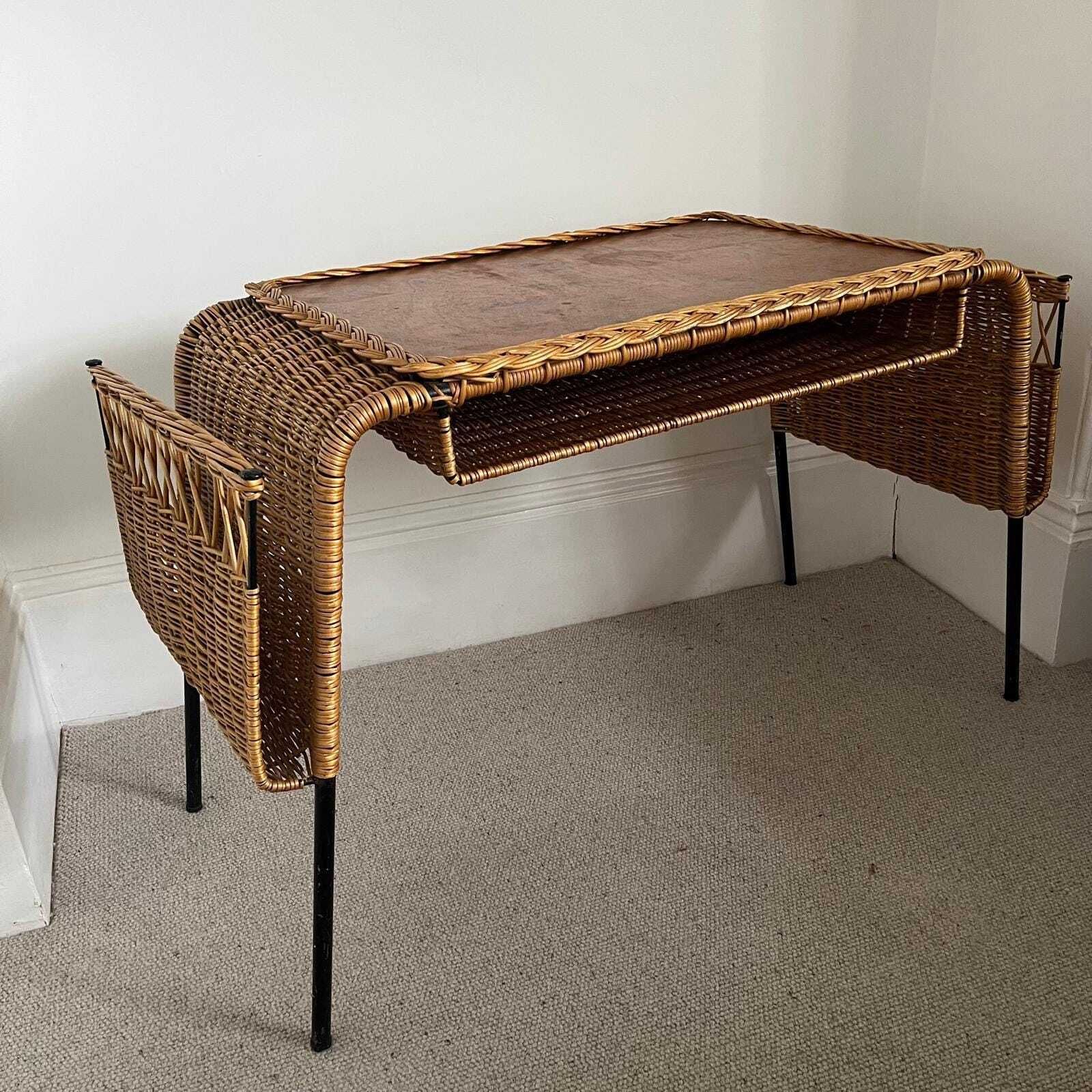 French Vintage Cane And Black Wrought Iron Desk With 2 Storage Baskets photo for sale