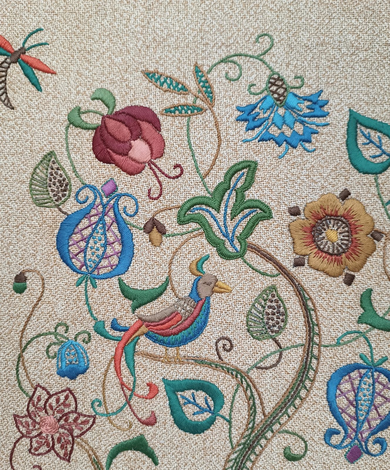 Arts And Crafts Crewel Embroidery Panel ,Tree Of Life Bird Of Paradise,Floral Motifs. photo vinterior