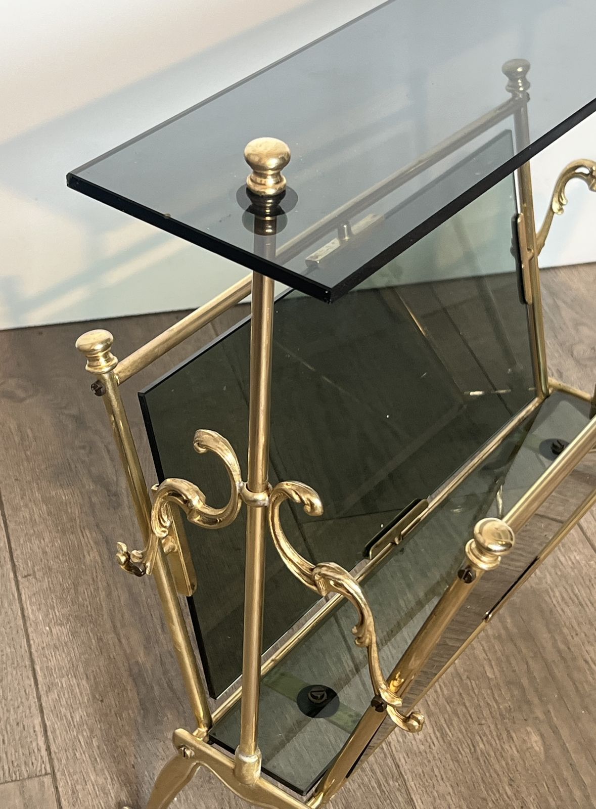Brass And Blue Glass Magazine Rack photo vintage