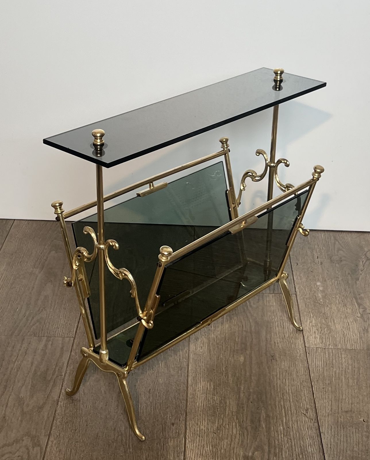 850.0 Brass And Blue Glass Magazine Rack photo