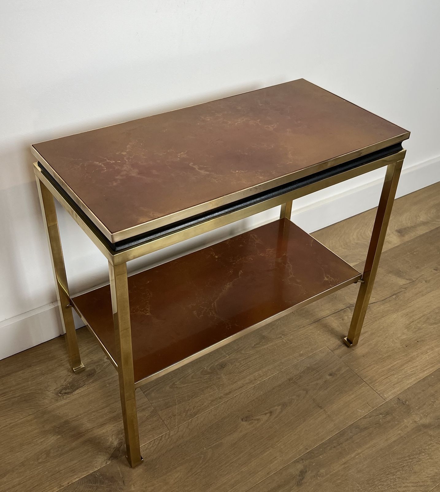 Brass, Black Lacquered Metal And Amber Celluloid Top Side Table By Guy Lefèvre For Maison Jansen