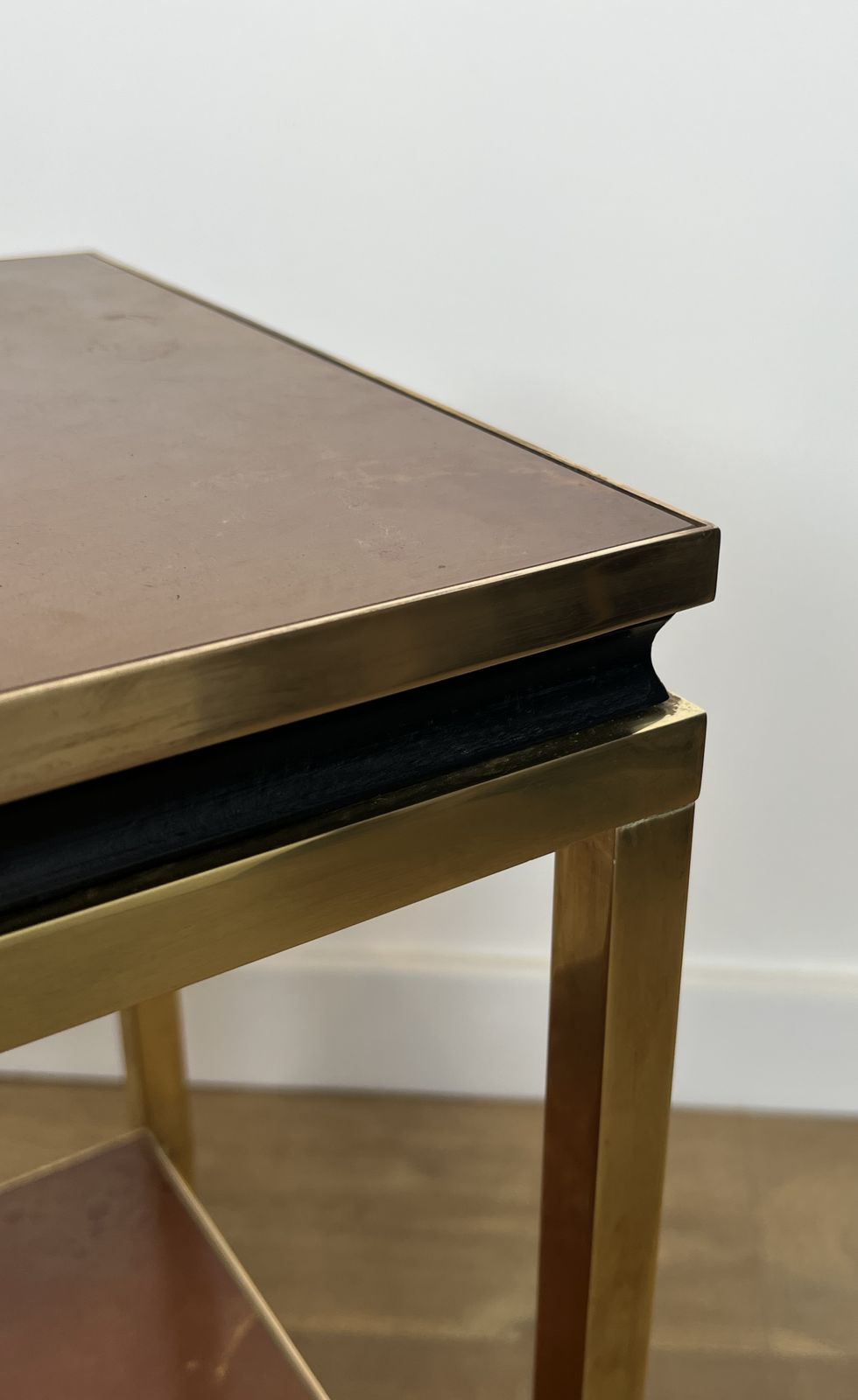 Furniture Brass, Black Lacquered Metal And Amber Celluloid Top Side Table By Guy Lefèvre For Maison Jansen photo