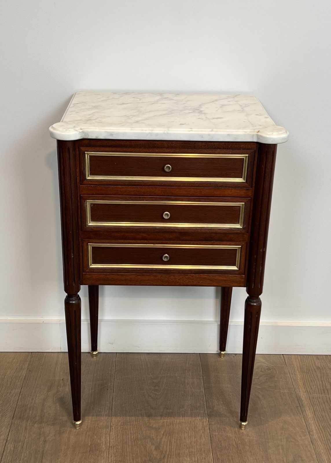 Pair Of Mahogany And Brass End Tables Or Bedside Tables With Carrara Marble Tops In The Style Of Maison Jansen. Circa 1940 photo 1950.0