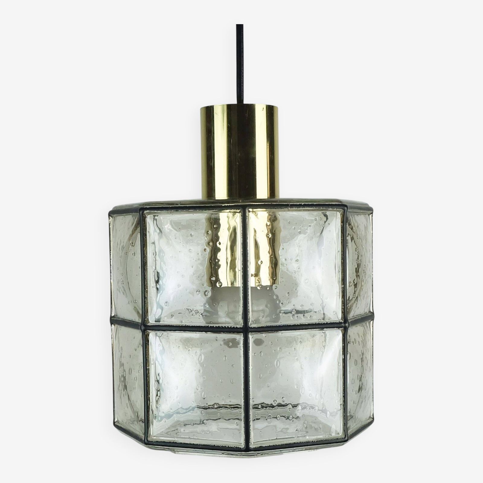 1960s 70s Glashuette Limburg Pendant Lamp Clear Glass Shade And Brass