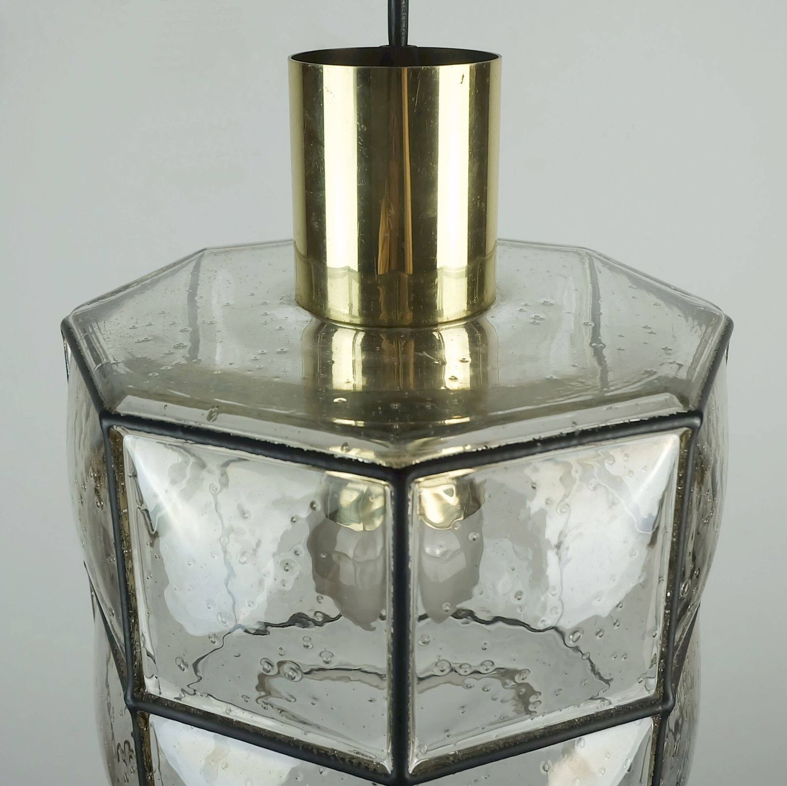 1960s 70s Glashuette Limburg Pendant Lamp Clear Glass Shade And Brass photo buy
