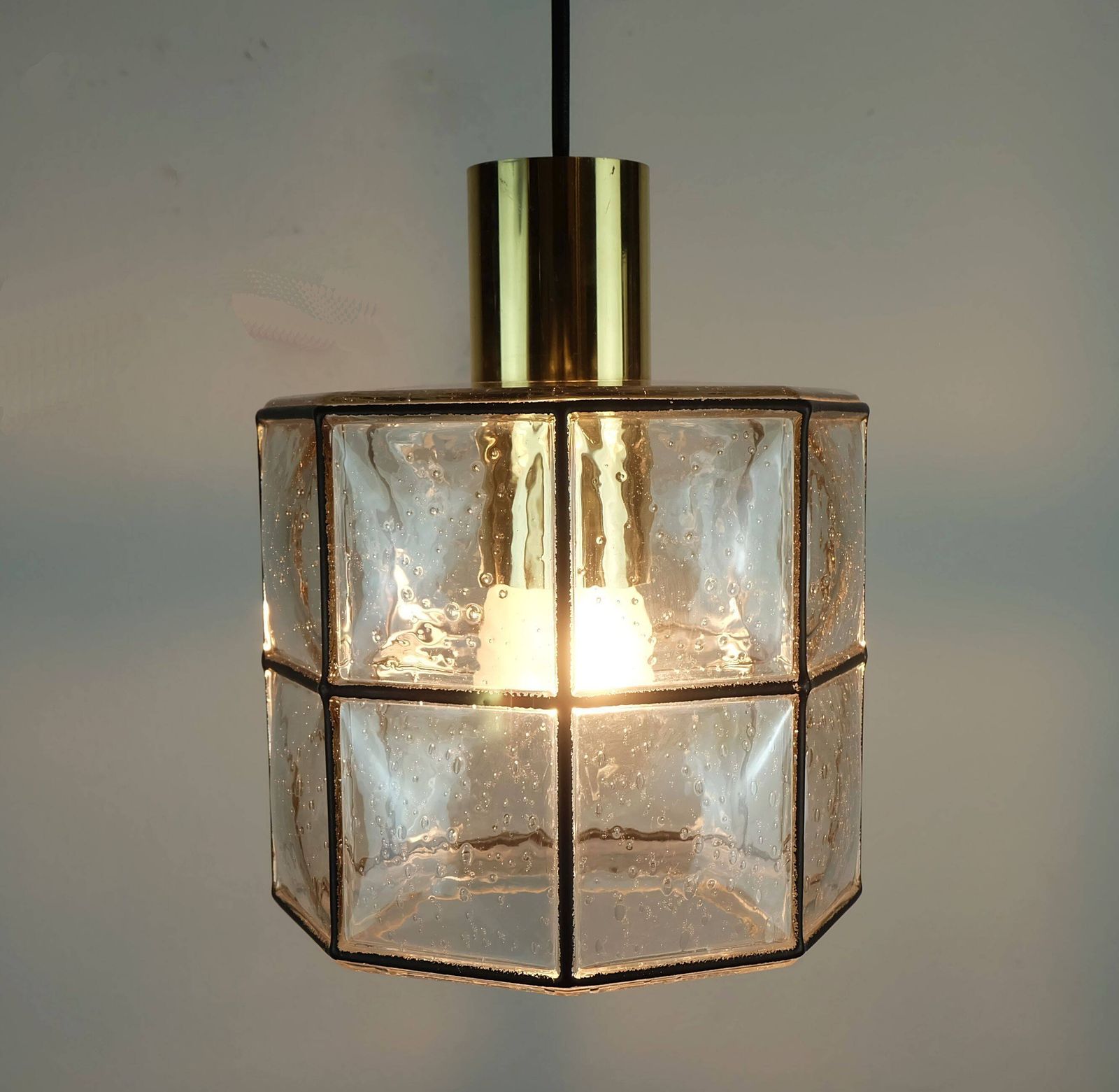 photo furniture 1960s 70s Glashuette Limburg Pendant Lamp Clear Glass Shade And Brass