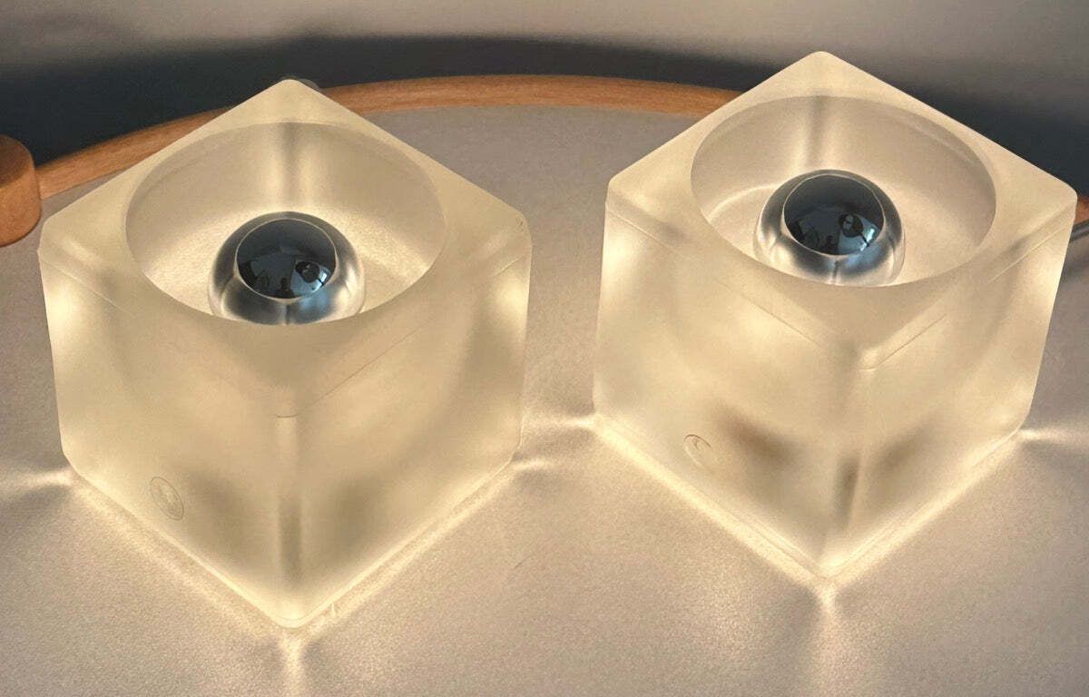 Pair Of 1970s German Peill & Putzler Frosted Cubed Glass Table Lamps photo Lighting