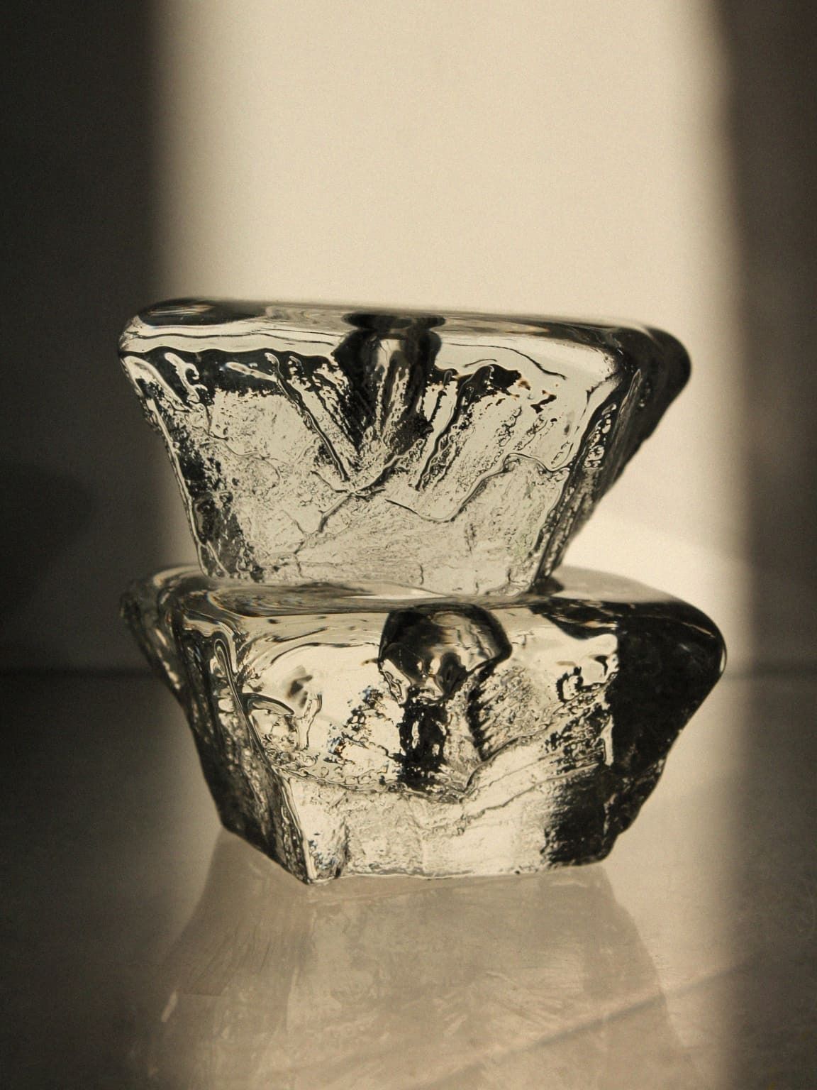Göte Augustsson Massive Swedish "Ice Cube" Pair Of Candle Holders For Ruda Glasbruk photo for sale